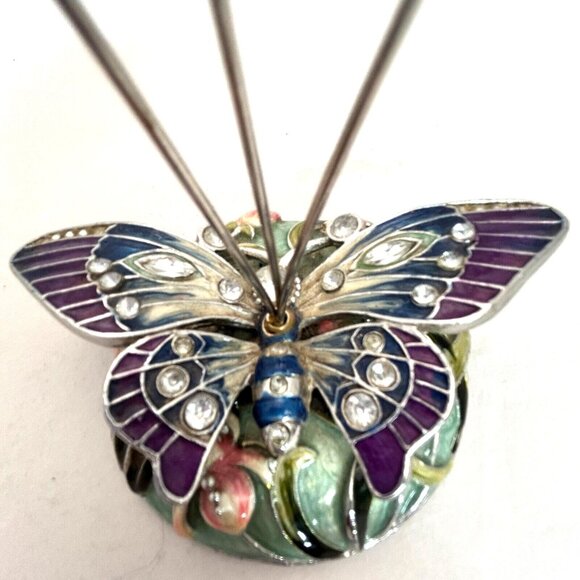 Enamel Butterfly Desk Card Photo Note Memo 8" Holder Floral Cloisonne Brass - Picture 3 of 7